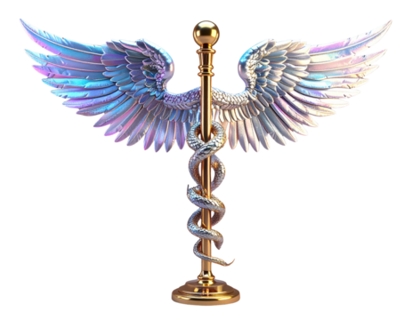 Majestic 3D Rod of Asclepius, Polished Gold, Detailed Wings, Medical Symbol, Isolated.