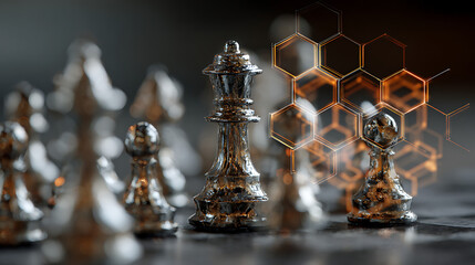 metallic chess board strategy with digital overlay futuristic fusion showcasing competition classic game tactics decision making and technology driven intelligence