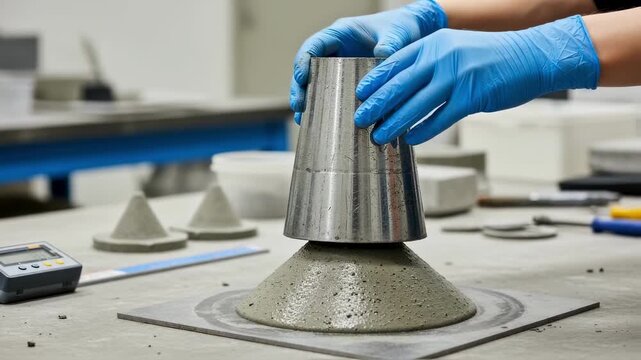 Industrial setting medium shot showing hands lifting a conical mold from a fresh concrete sample illustrating the slump test process for quality control.