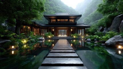 Obraz premium Two-story wooden pagoda temple with curved traditional eaves, stone pathway crossing calm water with rain ripples, surrounded by ancient moss garden,dense bamboo forest,mystical foggy Asian landscape