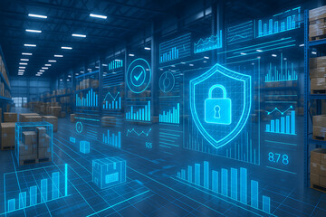 Smart warehouse logistics illustration with hologram charts and shield lock symbolizing supply chain security and analytics