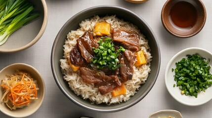 Fototapeta premium Enjoy a delicious Chicken StirFry paired with fragrant Jasmine Rice and topped with an assortment of Fresh Herbs
