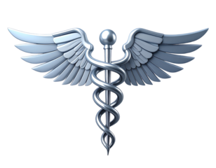  Modern 3D Caduceus Symbol, Sleek Sterling Silver, Aerodynamic Wings, Isolated.