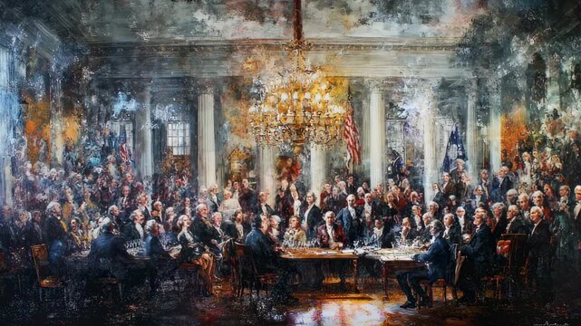 A dynamic animated rendition of historical declaration with oil paint texture and rich detailed