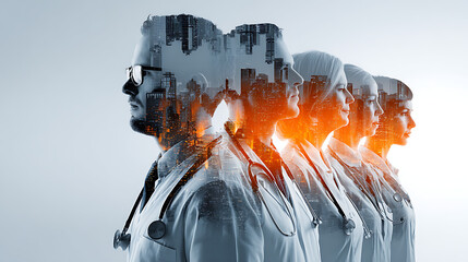 double exposure hospital staff doctors nurses surgeons healthcare team representing modern medicine innovation clinical service teamwork patient support and wellness