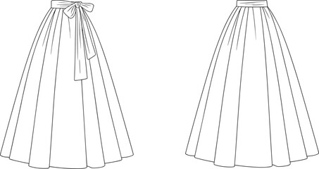 Long pleated skirt fashion flat sketch with bow detail, front and back views, elegant female garment design template for apparel industry