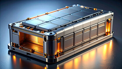 Obraz premium Future-Forward Battery Pack: An intricate metallic battery pack design showcases cutting-edge technology, radiating a modern aesthetic and hinting at sustainable power solutions.
