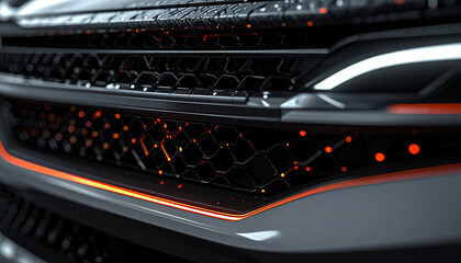 Modern Car Grill Design: An abstract, high-tech car grill showcases a blend of sleek lines and vibrant orange accents, evoking a sense of cutting-edge design and automotive innovation.