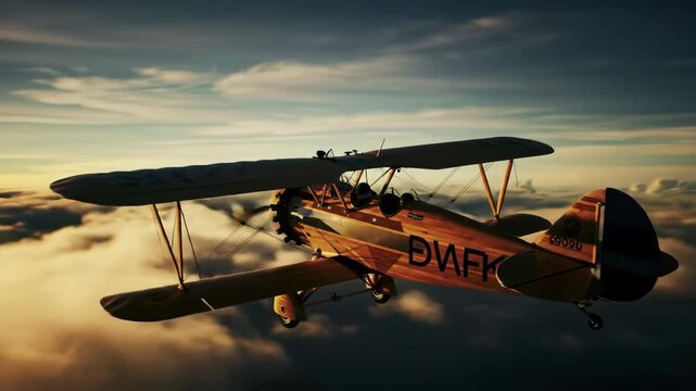 Biplane flying above clouds at sunset; vintage aircraft