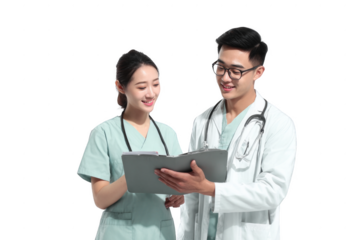 Two doctors are looking at a clipboard