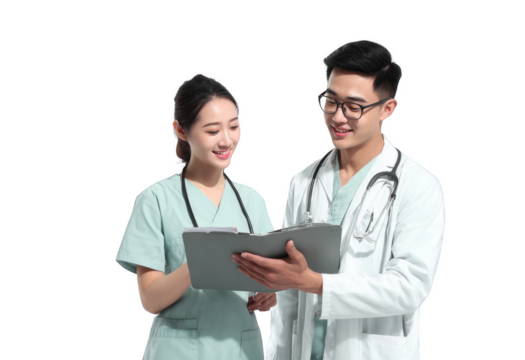 Two doctors are looking at a clipboard