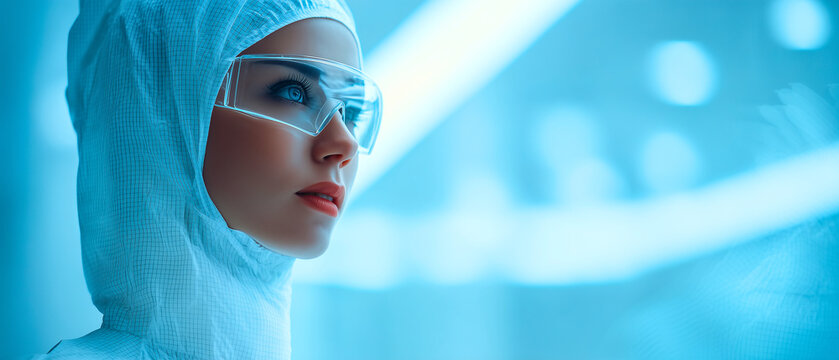 portrait of woman scientist in protective science suit and professional goggles in bright contemporary lab office interior - Powered by Adobe