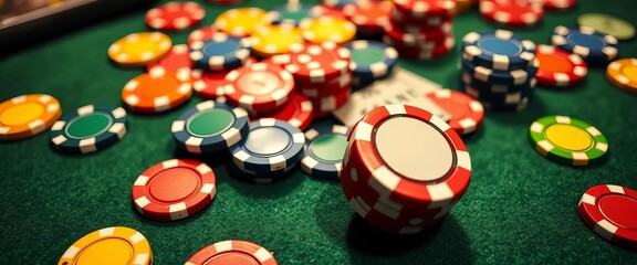 Abstract casino chips and dice scattered on a felt table,  stakes,  image