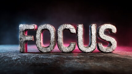 Textured metallic 'FOCUS' word with dramatic blue and pink lighting on a dark, smoky background, symbolizing concentration and determination.