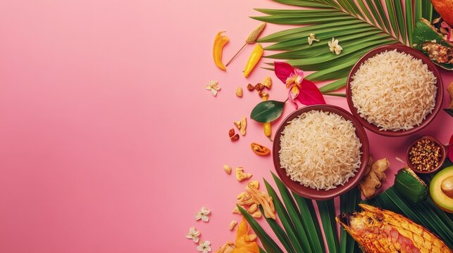 Onm food with sadhya rice on pink background. Traditional food onasadya.