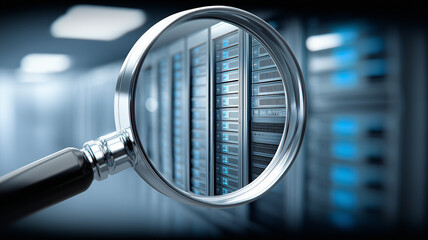 Magnifying glass inspecting server racks conveys cybersecurity oversight and infrastructure auditing, symbolizing risk assessment reliability and protected data operations.