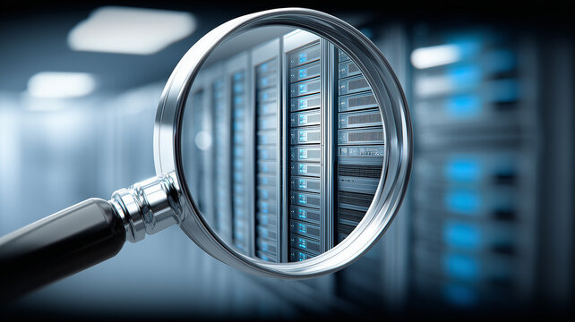 Magnifying glass inspecting server racks conveys cybersecurity oversight and infrastructure auditing, symbolizing risk assessment reliability and protected data operations.
