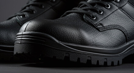Close-up of a rugged black leather work boot, highlighting its durable safety features.Concept of professional footwear and personal protection.
