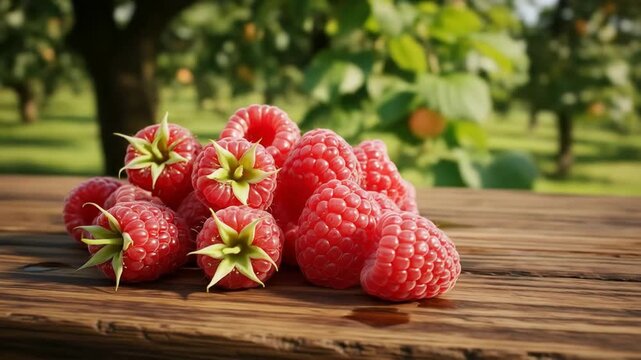Freshly picked red raspberries piled on a rustic wooden table in a sunny outdoor garden setting.