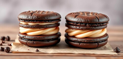 Two chocolate sandwich cookies with creme filling,   indulgent,  creme