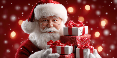 Jolly Santa Claus carrying colorful wrapped presents, red ribbons gleaming, soft snowflakes drifting against blurred festive background