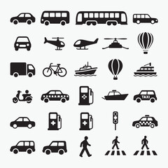 Collection of various transportation and vehicle icons on white background