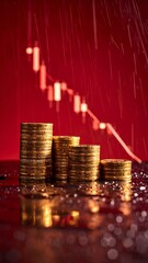 Decreasing Gold Coin Stacks Under Red Rain Stock Photo.