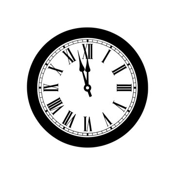 Classic analog clock with roman numerals showing almost midnight or noon time