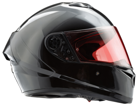 Black motorcycle helmet, glossy finish, red visor, protective gear, modern style, isolated