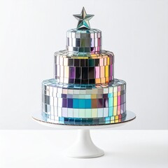 Disco Ball Cake Three Tiered Pastel Rainbow Star.