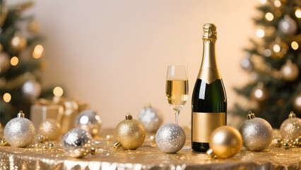 Champagne bottle with glass and golden baubles on sparkling festive holiday table