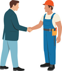 Cartoon handshake between businessman and construction worker, professional collaboration illustration for teamwork, agreement, and cross-industry partnership in business and labor settings