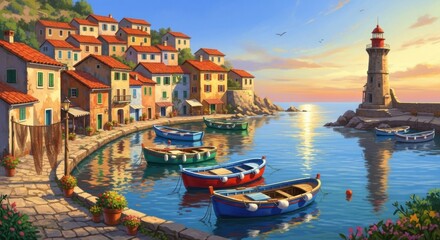 Colorful Coastal Village with Boats and Lighthouse at Sunset