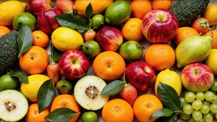 Abundant assortment of fresh ripe fruits and vegetables in a vibrant display