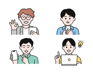 Fototapeta premium Happy Looking at Smartphone, Tablet, and Laptop