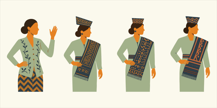 Flat vector illustration of Indonesian traditional clothing for women, featuring kebaya and ulos with ethnic woven patterns and headpieces. Modern flat minimalism with earthy muted tones.