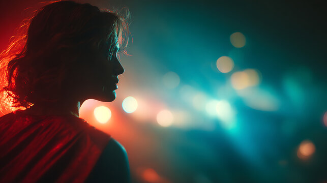 cinematic movie scene with woman superhero traveling in time dynamic motion colorful lights dramatic thriller concept and futuristic fantasy adventure heroic scene