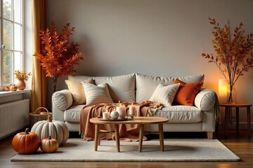 Cozy living room decorated with throw pillows, blankets, and candles creating a warm and inviting atmosphere Perfect for autumn or winter , atmosphere, details