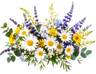 Vintage Botanical Floral Cluster with Wildflowers and Leaves, Side Composition, Isolated PNG