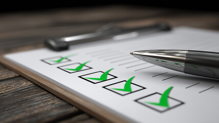 A completed checklist on a clipboard conveys approval and quality assurance, signaling operational readiness and process compliance.
