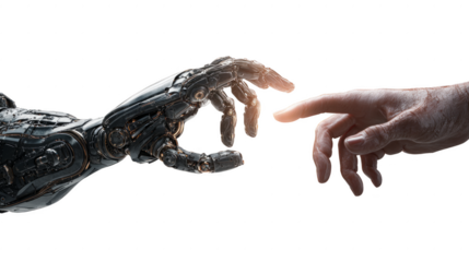 A robot hand is touching a human hand