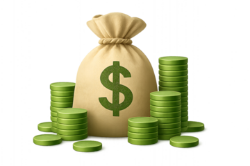 Green Money Bag with Coins Stacks