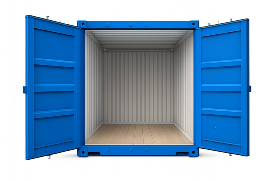 Open Blue Shipping Container with Wooden Floor and Metal Walls cargo transport isolated on a transparent background