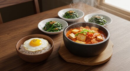 Kimchi,  a korean meal featuring kimchi stew with tofu and rice with an egg on a wooden table top