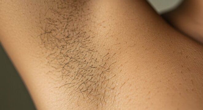 Close-up human armpit featuring dark hair growth showcasing body hair and skin texture