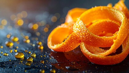 Vibrant Orange Peel Spirals with Essential Oil Droplets
