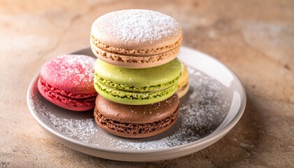 Fototapeta premium A Colorful Stack of Macarons Sprinkled with Powdered Sugar on a Decorative Plate Close-Up