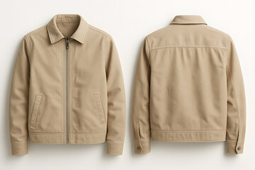 Sand Beige Jacket Mockup – Front and Back View on White Background for Apparel Branding
