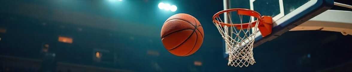 Close-up shot of a basketball soaring through the air, backboard and net in the background, capturing the dynamic energy of the game ,  playoffs,  passing