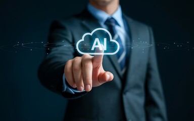 Businessman touching a cloud with ai letters, artificial intelligence concept